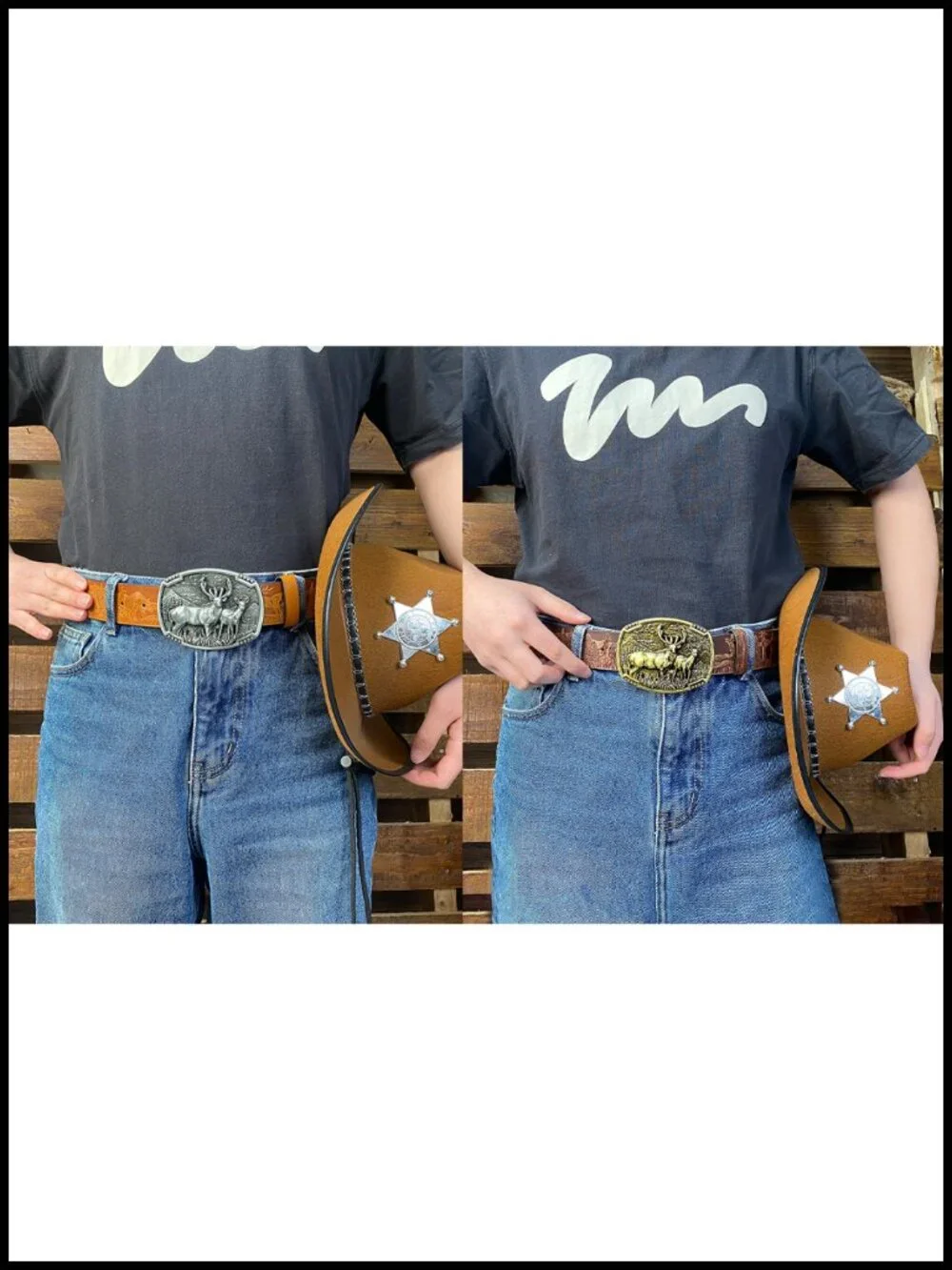 Western Belt for Men Women Cowboy Cowgirl Leather Belt with Deer Buckle for
